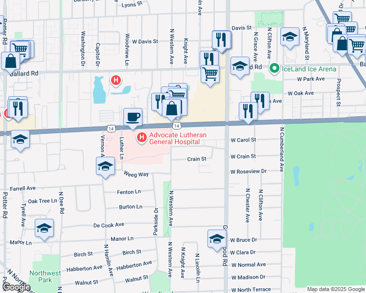 map of restaurants, bars, coffee shops, grocery stores, and more near 1424 Carol Street in Park Ridge