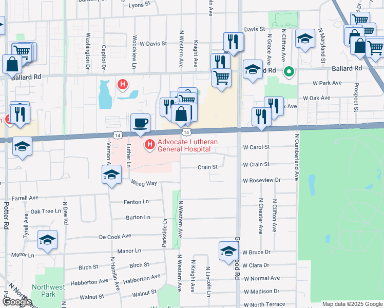 map of restaurants, bars, coffee shops, grocery stores, and more near 1424 Carol Street in Park Ridge