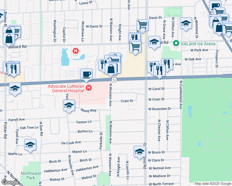map of restaurants, bars, coffee shops, grocery stores, and more near 1424 Carol Street in Park Ridge