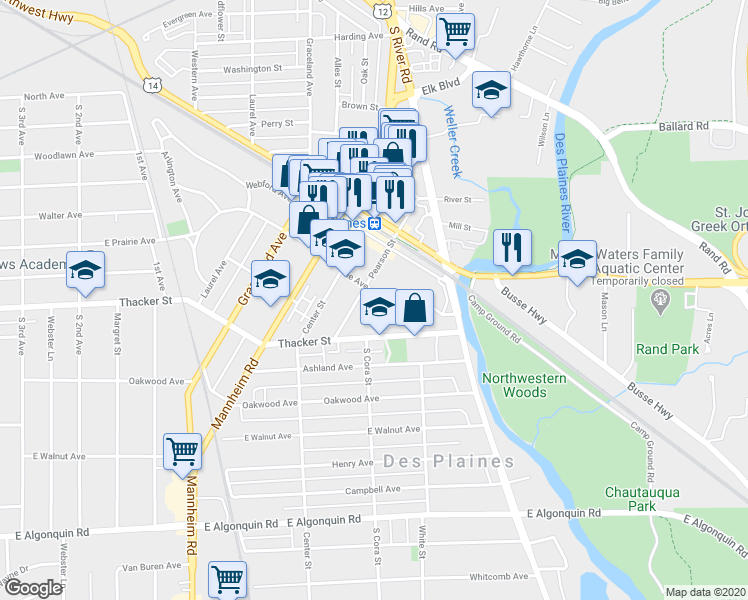 map of restaurants, bars, coffee shops, grocery stores, and more near 1500 East Prairie Avenue in Des Plaines