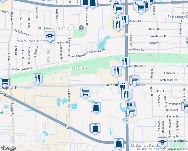 map of restaurants, bars, coffee shops, grocery stores, and more near 536 Pickwick in Mount Prospect
