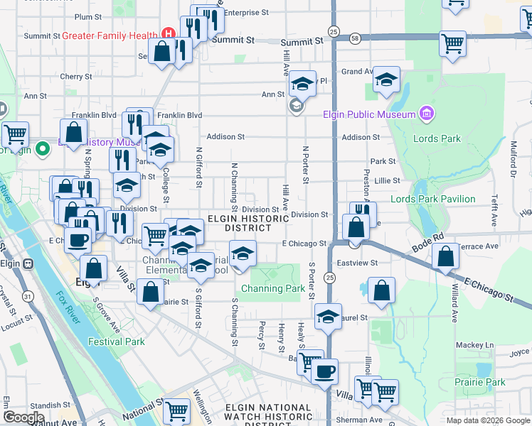 map of restaurants, bars, coffee shops, grocery stores, and more near 476 Division Street in Elgin
