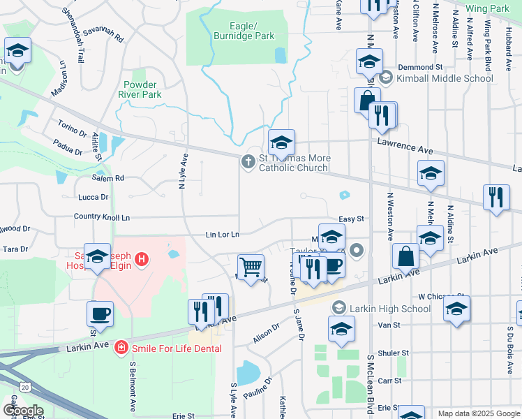 map of restaurants, bars, coffee shops, grocery stores, and more near 1658 Lin Lor Court in Elgin