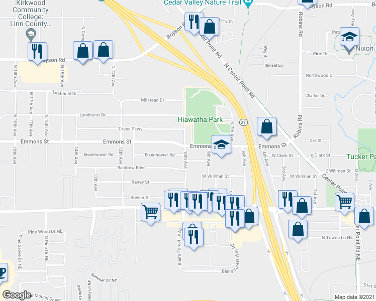 map of restaurants, bars, coffee shops, grocery stores, and more near 20 North 10th Avenue in Hiawatha
