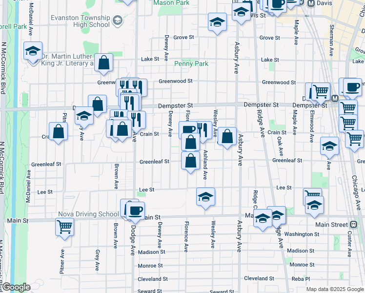 map of restaurants, bars, coffee shops, grocery stores, and more near 1137 Florence Avenue in Evanston