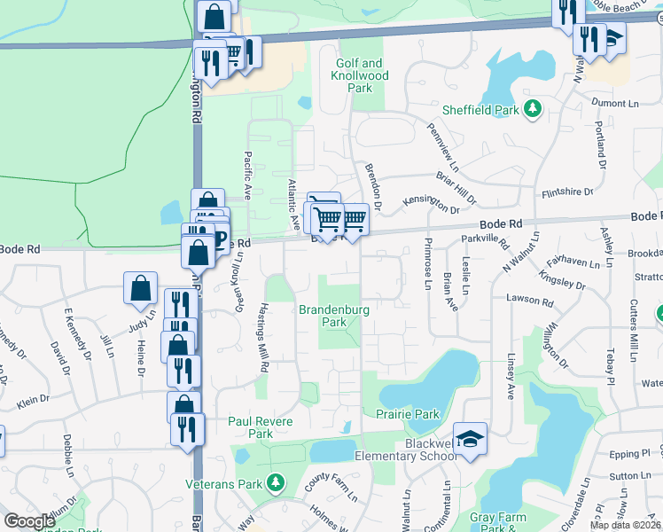 map of restaurants, bars, coffee shops, grocery stores, and more near 2383 Bode Road in Schaumburg