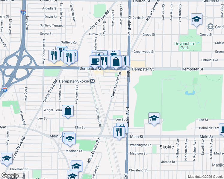 map of restaurants, bars, coffee shops, grocery stores, and more near 4903 Crain Street in Skokie