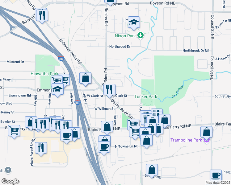 map of restaurants, bars, coffee shops, grocery stores, and more near 114 Oak Street in Hiawatha