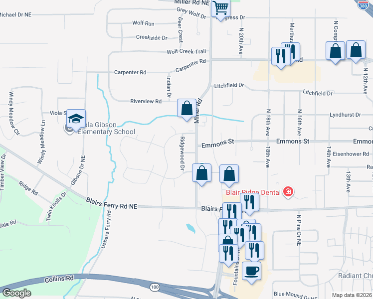 map of restaurants, bars, coffee shops, grocery stores, and more near 195 Ridgewood Drive in Hiawatha