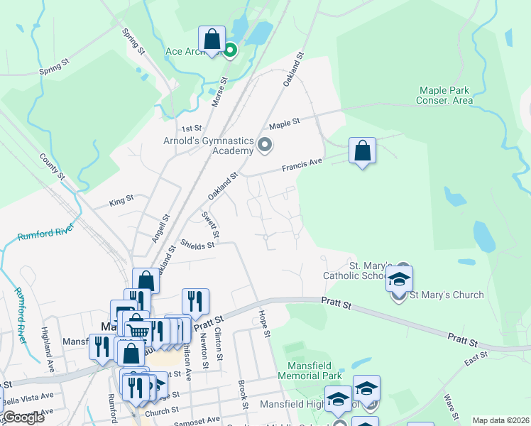 map of restaurants, bars, coffee shops, grocery stores, and more near 9 Francis Avenue in Mansfield