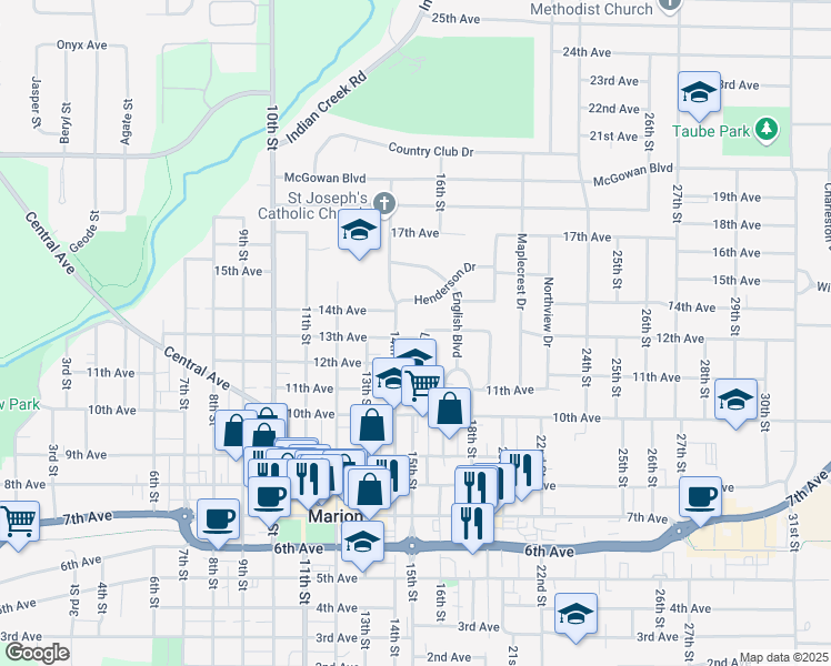 map of restaurants, bars, coffee shops, grocery stores, and more near 1325 14th Street in Marion