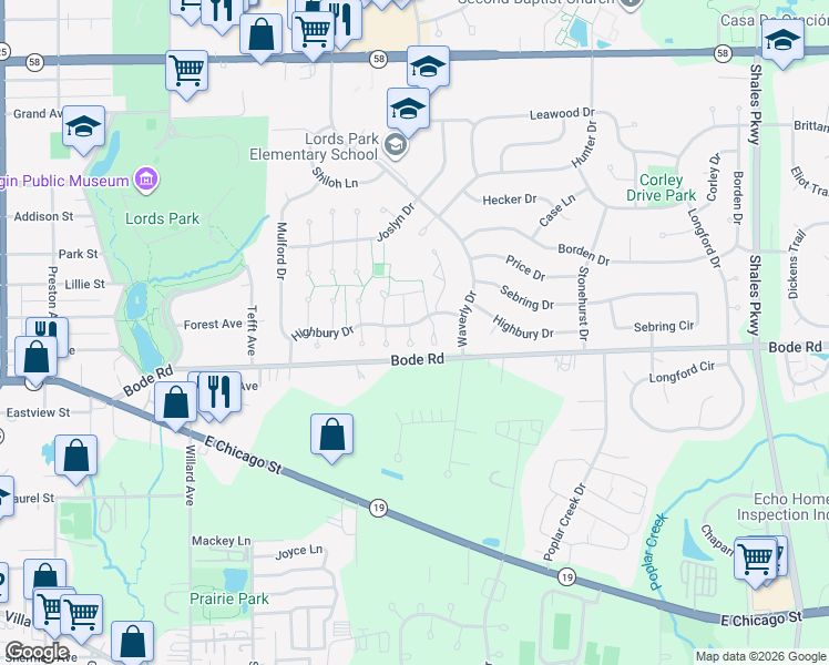 map of restaurants, bars, coffee shops, grocery stores, and more near 149 Highbury Drive in Elgin