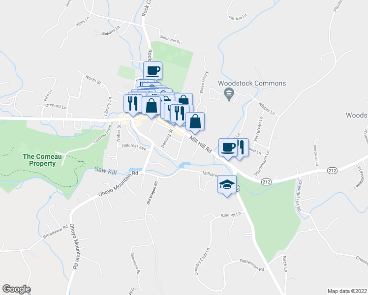 map of restaurants, bars, coffee shops, grocery stores, and more near 60 Mill Hill Road in Woodstock