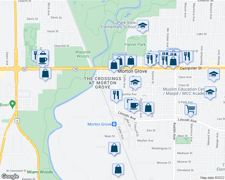 map of restaurants, bars, coffee shops, grocery stores, and more near 8660 Narragansett Avenue in Morton Grove