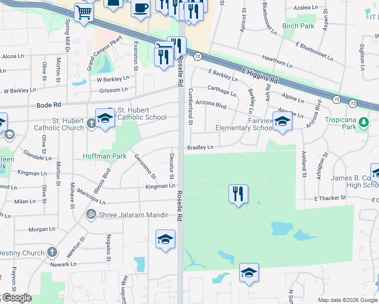 map of restaurants, bars, coffee shops, grocery stores, and more near 40 Bradley Lane in Hoffman Estates