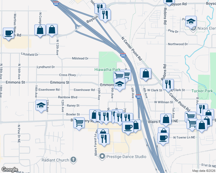 map of restaurants, bars, coffee shops, grocery stores, and more near 921 Emmons Street in Hiawatha