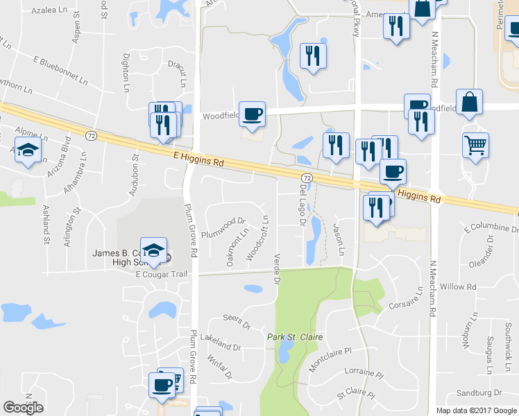 map of restaurants, bars, coffee shops, grocery stores, and more near 433 Woodcroft Lane in Schaumburg