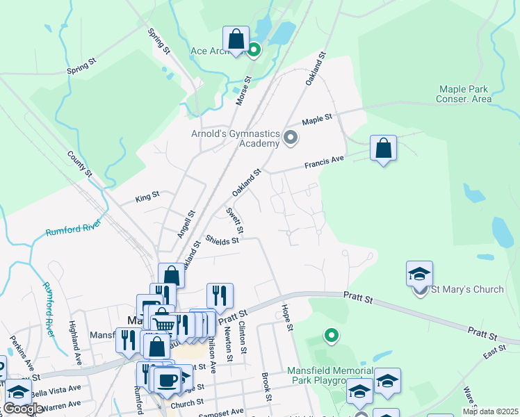 map of restaurants, bars, coffee shops, grocery stores, and more near 149 Oakland Street in Mansfield