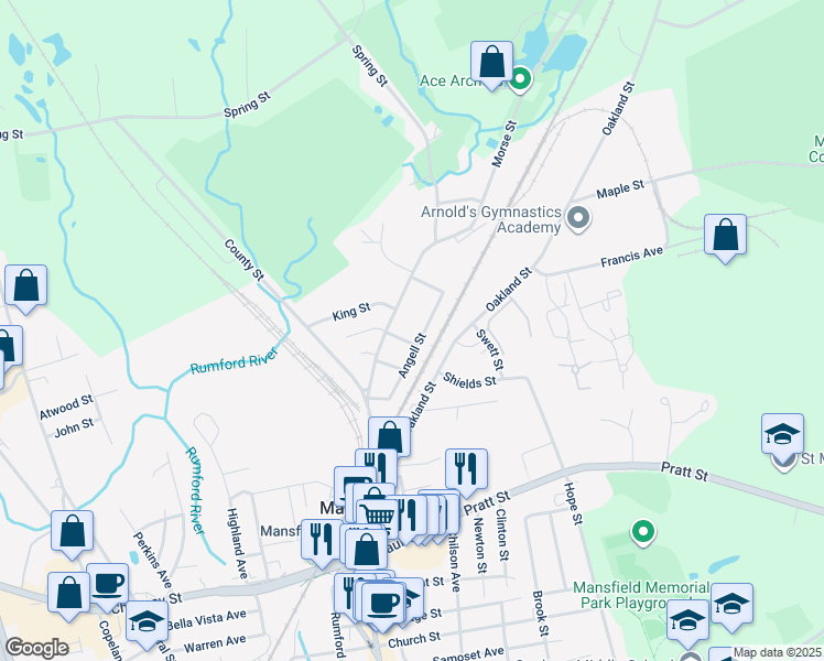 map of restaurants, bars, coffee shops, grocery stores, and more near 605 North Main Street in Mansfield