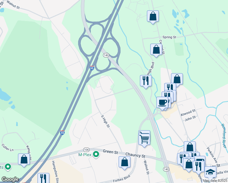 map of restaurants, bars, coffee shops, grocery stores, and more near 10 Fisher Street in Foxborough