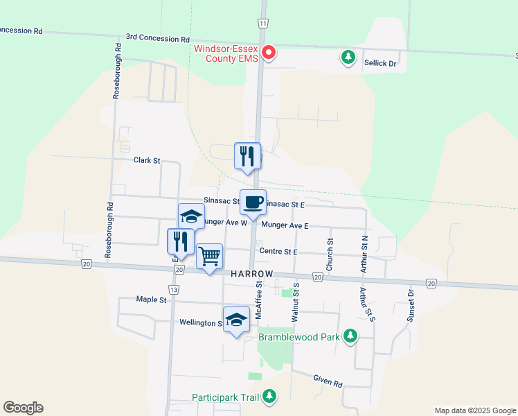 map of restaurants, bars, coffee shops, grocery stores, and more near 32 Sinasac Street East in Essex