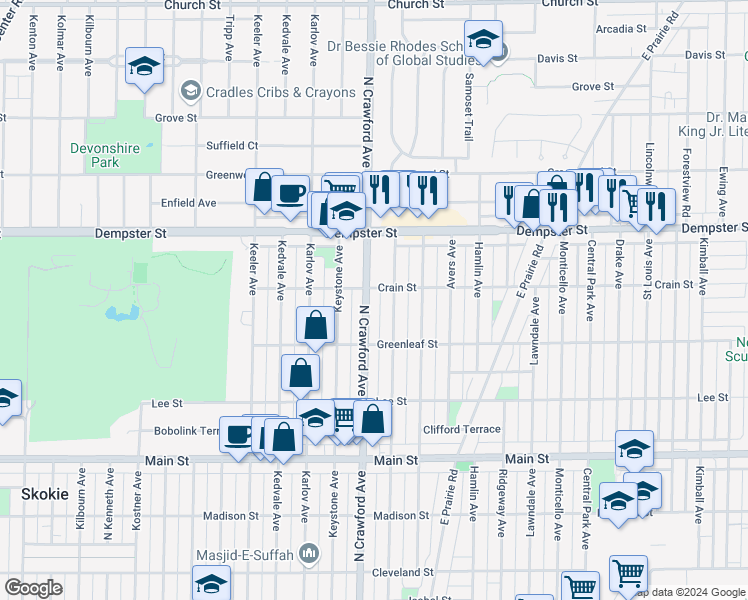 map of restaurants, bars, coffee shops, grocery stores, and more near 3950 Crain Street in Skokie