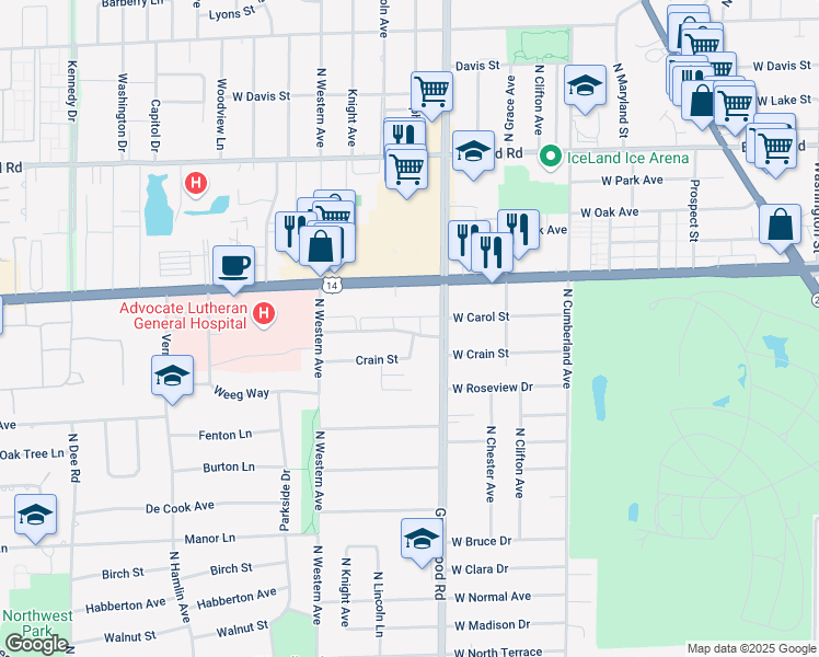 map of restaurants, bars, coffee shops, grocery stores, and more near 1302 Carol Street in Park Ridge
