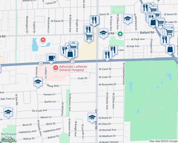 map of restaurants, bars, coffee shops, grocery stores, and more near 1302 Carol Street in Park Ridge