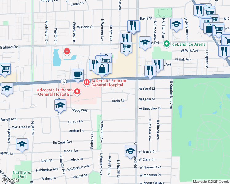 map of restaurants, bars, coffee shops, grocery stores, and more near 1406 Carol Street in Park Ridge