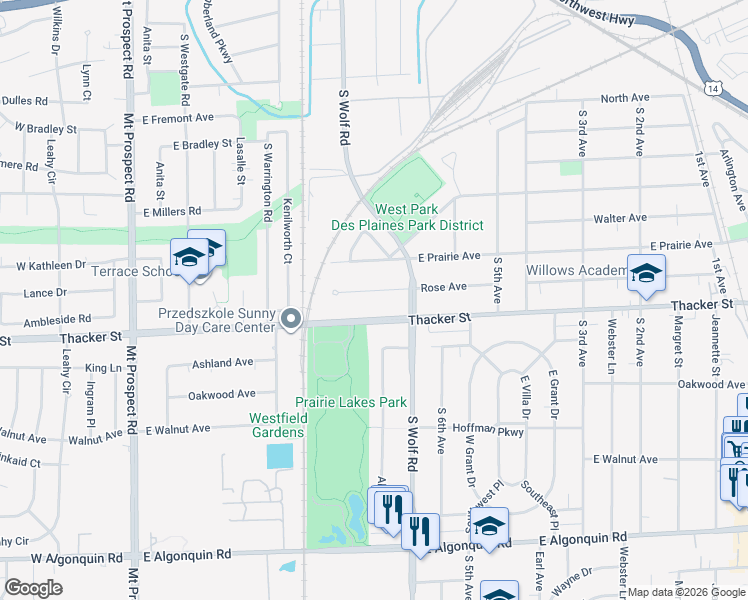 map of restaurants, bars, coffee shops, grocery stores, and more near 538 Rose Avenue in Des Plaines
