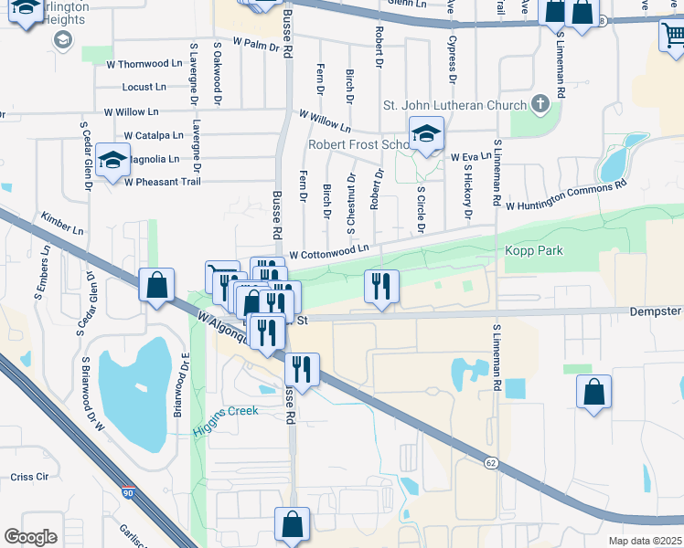 map of restaurants, bars, coffee shops, grocery stores, and more near 1601 West Cottonwood Lane in Mount Prospect