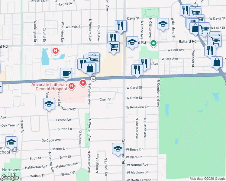 map of restaurants, bars, coffee shops, grocery stores, and more near 1306 Carol Street in Park Ridge