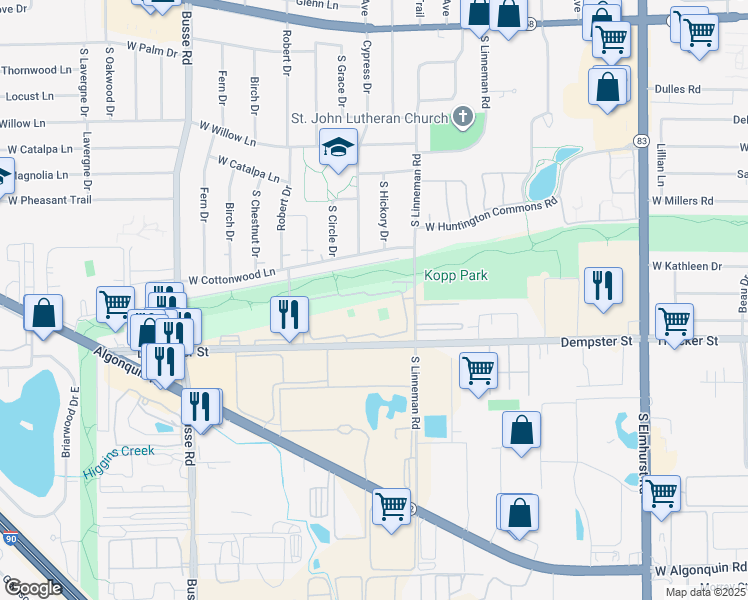 map of restaurants, bars, coffee shops, grocery stores, and more near 758 Dempster Street in Mount Prospect