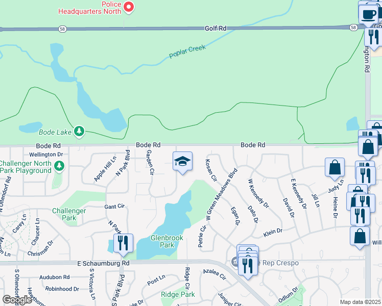map of restaurants, bars, coffee shops, grocery stores, and more near 10 Windsor Court in Streamwood