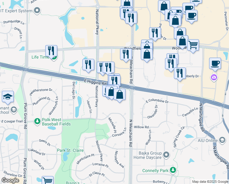map of restaurants, bars, coffee shops, grocery stores, and more near 1293 East Higgins Road in Schaumburg