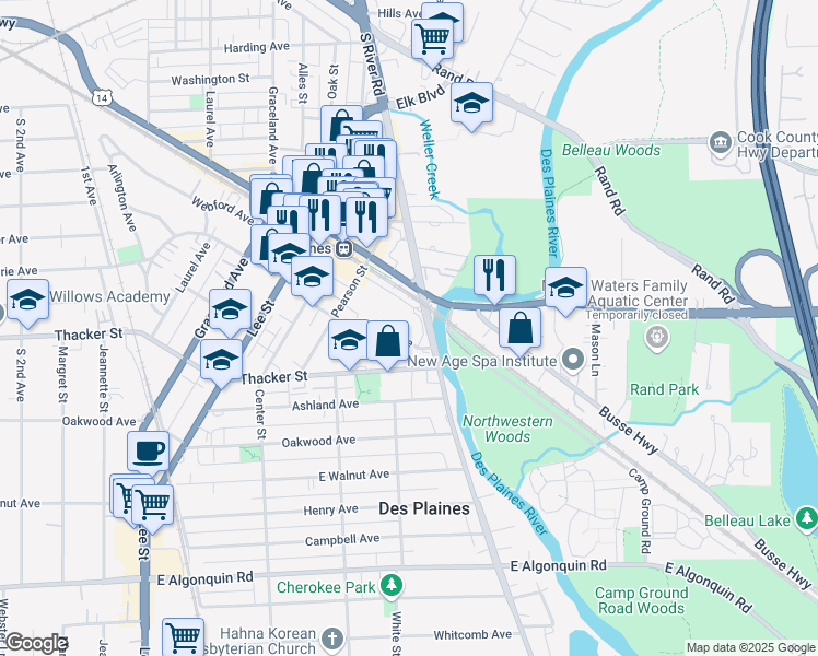 map of restaurants, bars, coffee shops, grocery stores, and more near 800 South River Road in Des Plaines