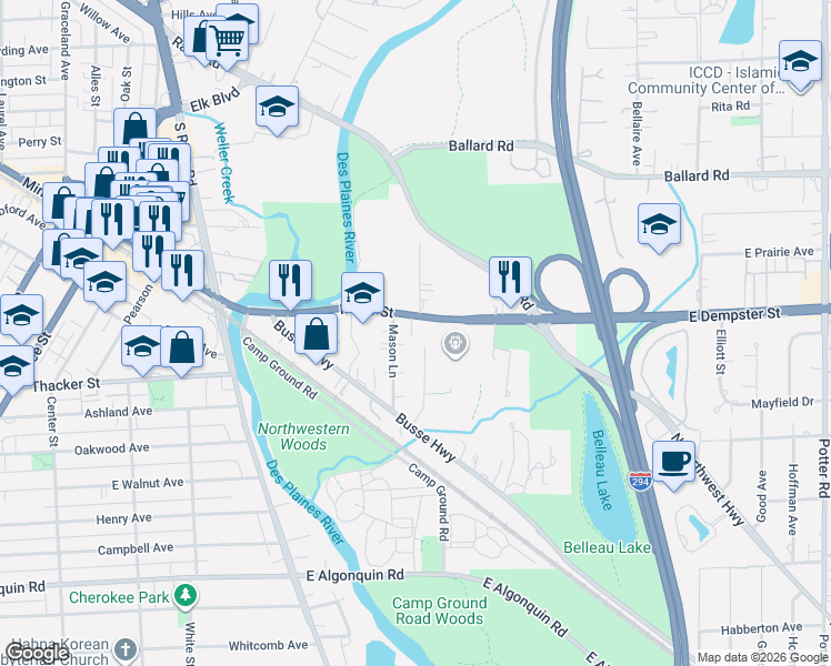 map of restaurants, bars, coffee shops, grocery stores, and more near 1891 Miner Street in Des Plaines