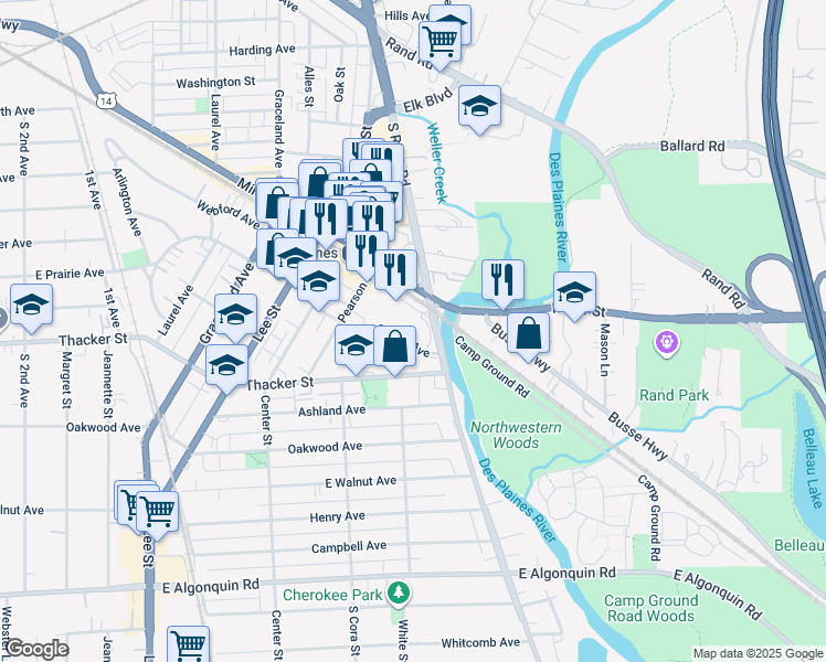 map of restaurants, bars, coffee shops, grocery stores, and more near 800 South River Road in Des Plaines