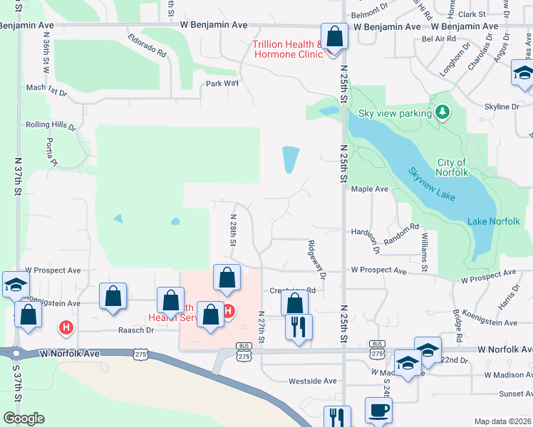 map of restaurants, bars, coffee shops, grocery stores, and more near 2501-2799 Maple Avenue in Norfolk