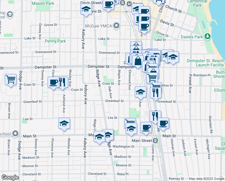 map of restaurants, bars, coffee shops, grocery stores, and more near 1135 Oak Avenue in Evanston