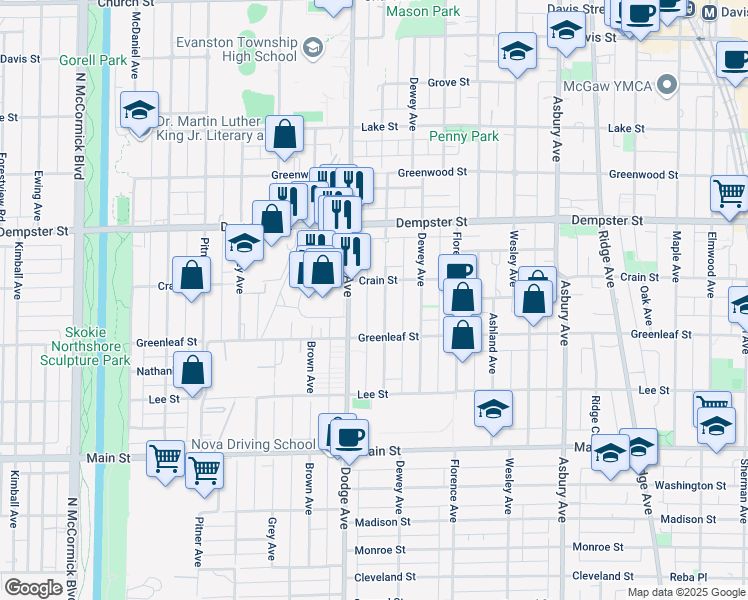 map of restaurants, bars, coffee shops, grocery stores, and more near 1141 Darrow Avenue in Evanston