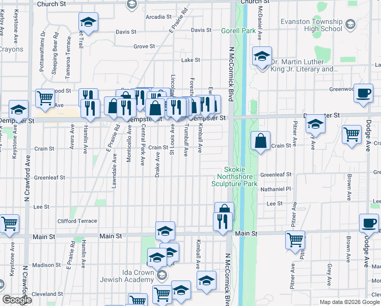 map of restaurants, bars, coffee shops, grocery stores, and more near 8659 Trumbull Avenue in Skokie