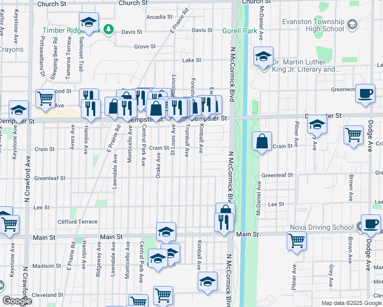 map of restaurants, bars, coffee shops, grocery stores, and more near 8659 Trumbull Avenue in Skokie