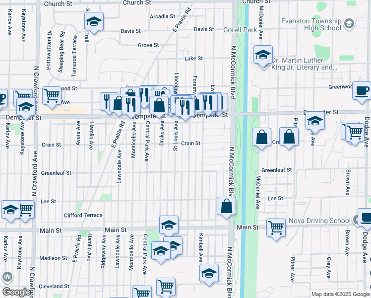 map of restaurants, bars, coffee shops, grocery stores, and more near 3457 Crain Street in Skokie