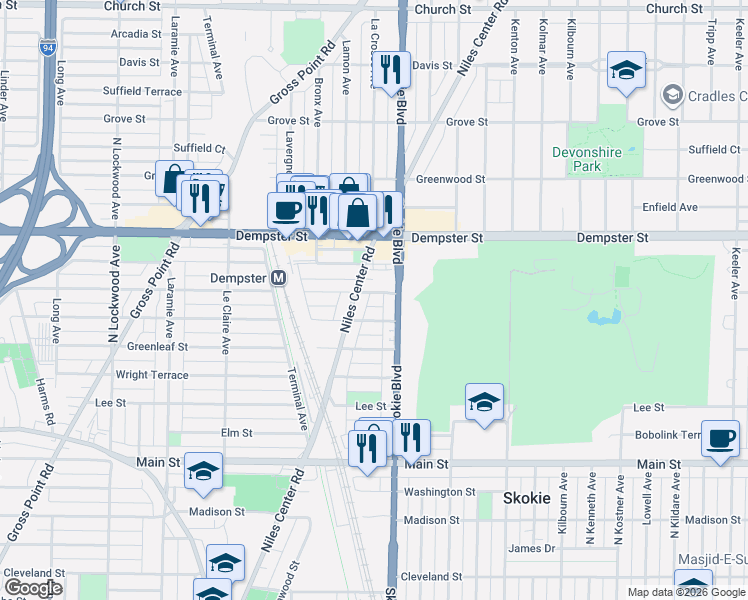 map of restaurants, bars, coffee shops, grocery stores, and more near 8700 Skokie Boulevard in Skokie