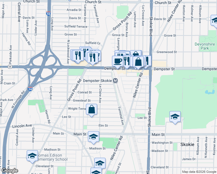 map of restaurants, bars, coffee shops, grocery stores, and more near in Skokie