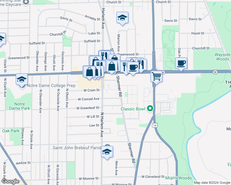 map of restaurants, bars, coffee shops, grocery stores, and more near in Niles
