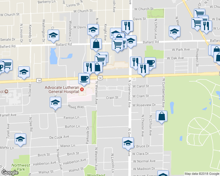 map of restaurants, bars, coffee shops, grocery stores, and more near 1406 Carol Street in Park Ridge