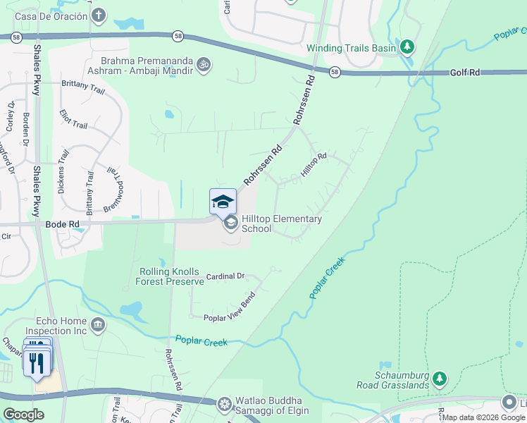 map of restaurants, bars, coffee shops, grocery stores, and more near 130 Rolling Knolls Avenue in Elgin