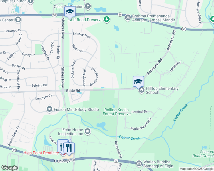 map of restaurants, bars, coffee shops, grocery stores, and more near 116 Fawn Lane in Elgin